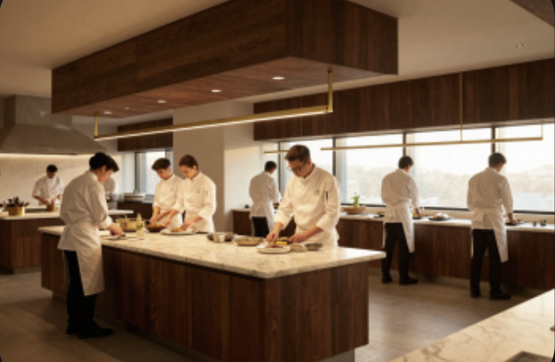 Chef in white uniform smiling in a professional kitchen